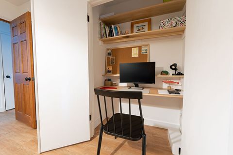 ... A full desk set-up, along with art supplies and children's books. 