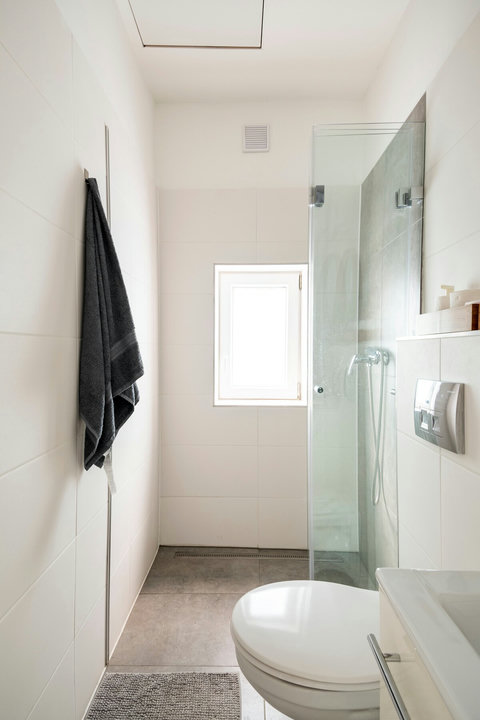 Walk-in shower in the modern, stylish bathroom. 