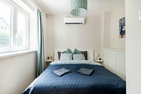 King-sized bed in the bedroom with AC