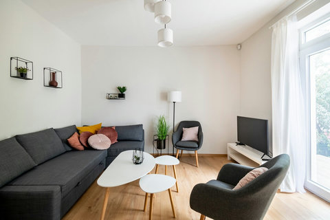Modern living room with terrace connection to private garden