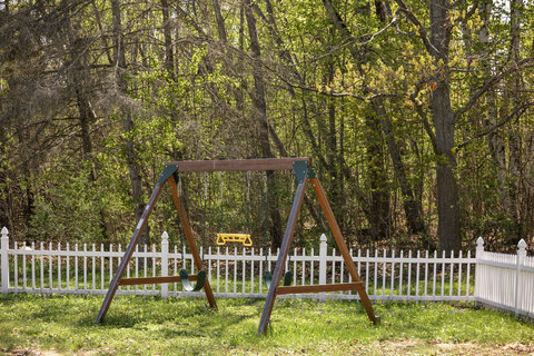 Private fenced backyard with swing set and peaceful wooded views