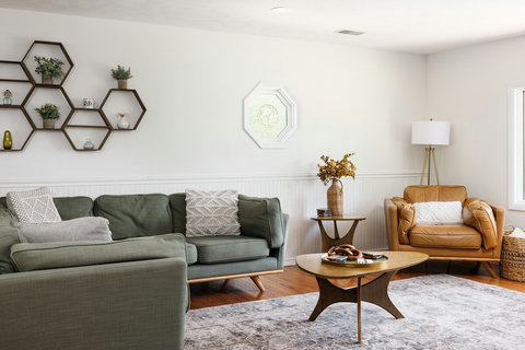 Bright, cozy living room with stylish seating and modern decor