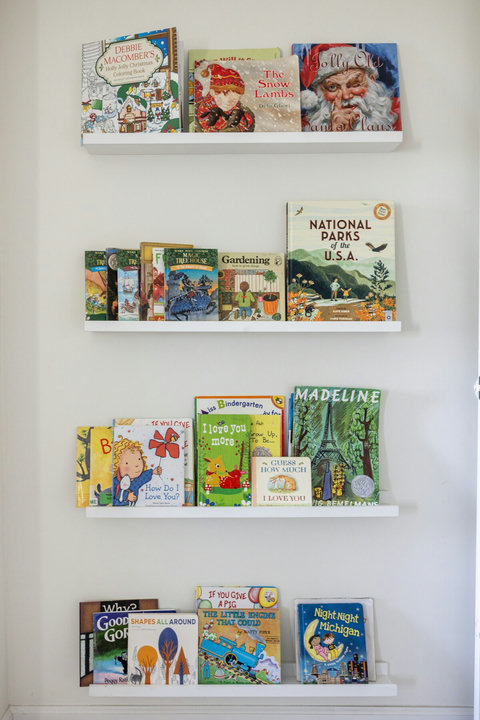 Kid-friendly book wall with colorful classics and family-friendly charm