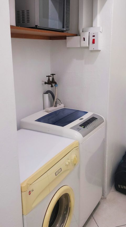 Laundry area in hallway with washer and dryer. Microwave also located in this area.
The red switch is for the hot water heater (please switch off after use.)