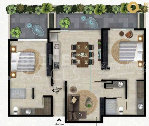 Floor plan of this spacious apartment 2 bedrooms, one versatile space which can be used a third bedroom with door, 2 bathrooms, full kitchen, living room, dining room, 2 balconies total of 1250 square feet