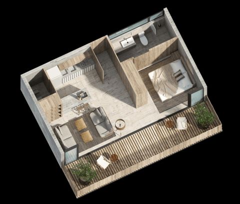 Floor plan of our fully equipped condo with full kitchen, laundry and large balcony. Total space is around 720ft2.