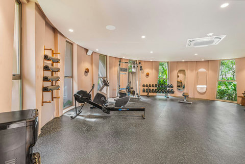 Professional Gym Equipped with Free Weights, Elliptical, Rowing, Treadmill, Stationary Bike, Yoga Mats, Drinking Water