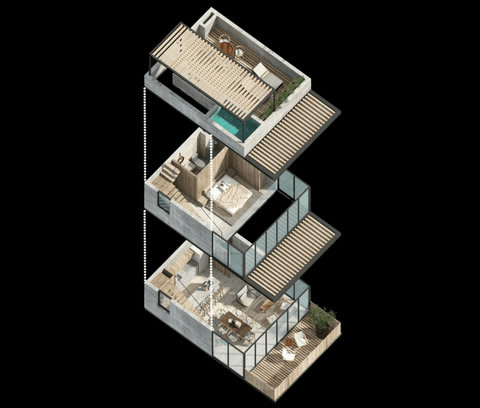 Floor Plan of the 3-Level Penthouse total space 1065ft2 / 99m2 
First floor - Full Kitchen, Dining & Living Area, Sofa Bed, Laundry Area & Balcony
Second Floor - King Bed w ensuite bathroom & Closet
Third Floor -  Patio w BBQ, Sun loungers & Pool