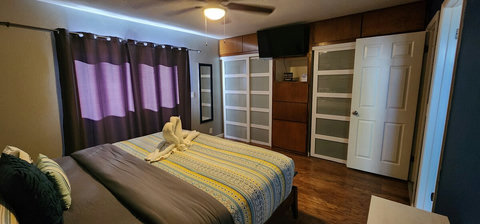 Main bedroom, king size bed double closets, ceiling fan, smart tv, attached bathroom, sliding door out to hot tub.