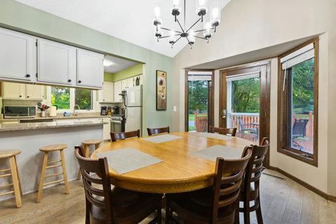 Dining area is open, bright and spacious.