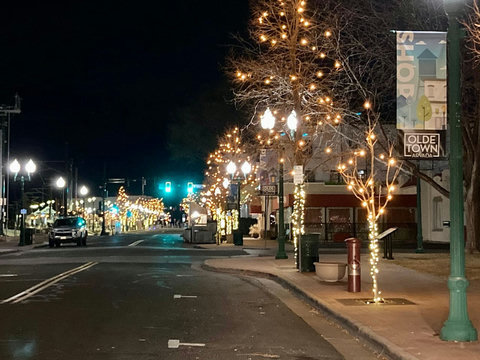 Downtown Olde Town Arvada at night- just steps from your front door.