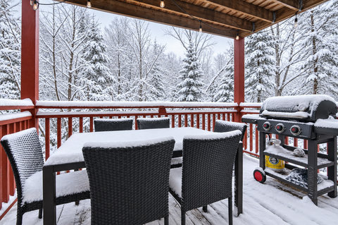 Covered deck with grill, dining space, and serene snowy forest views