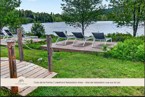 Peaceful lakefront lounge decks with chairs and serene water views