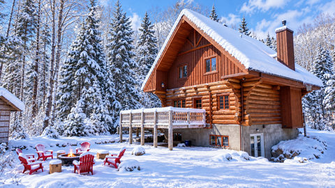 Cozy log cabin with fire pit and snowy forest views
