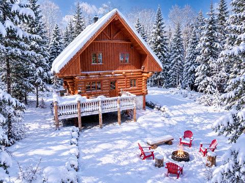 Cozy log cabin with fire pit in a private snowy forest retreat