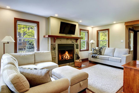 Main living room with flat screen TV and wood fireplace + sofa bed