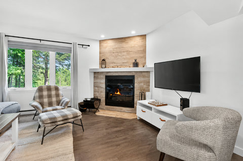 Cozy living room with fireplace, large TV, and bright forest views
