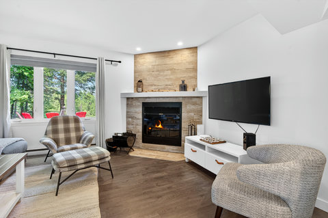 Bright living room with fireplace, big TV, and serene wooded views