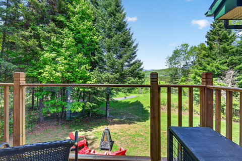 Private deck with fire feature, wooded views, and peaceful mountain scenery
