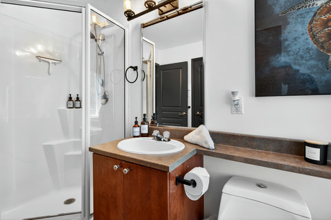 Bright bathroom with walk-in shower, large mirror, and guest-ready touches