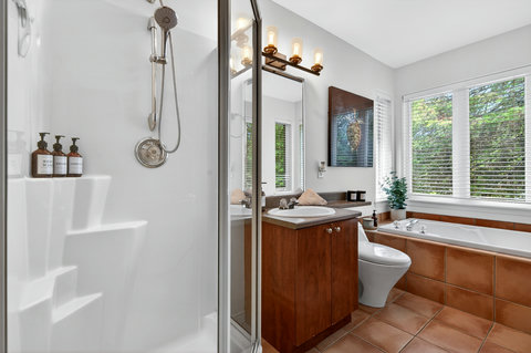 Bright spa-like bathroom with walk-in shower, soaking tub, and forest views
