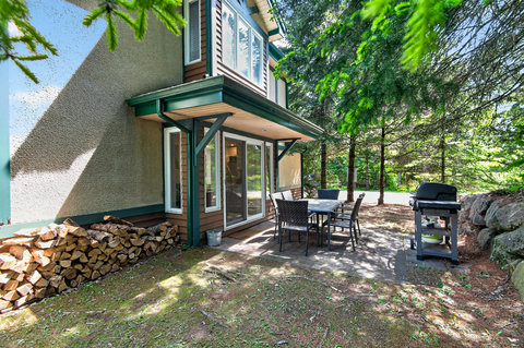 Private wooded patio with covered dining area and BBQ grill