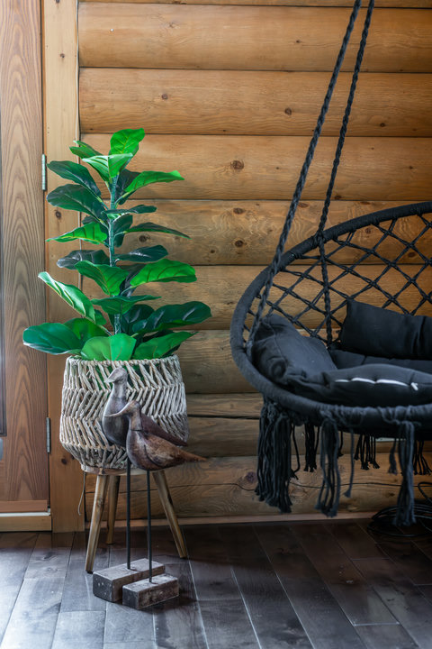 Cozy cabin nook with hanging chair, warm wood walls, and stylish decor