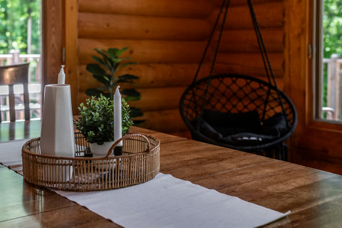 Cozy log cabin dining nook with natural light and a hanging chair