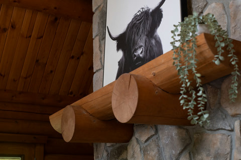 Rustic stone fireplace mantel with cozy cabin-inspired decor