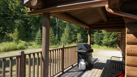 Covered cabin porch with grill and serene wooded views