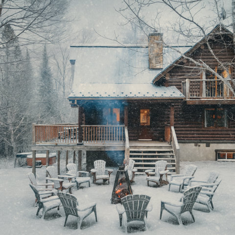 Cozy log cabin with snowy fire pit lounge and peaceful woodland views