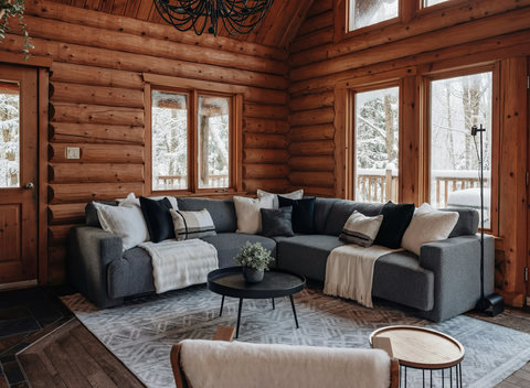 Cozy log cabin lounge with snowy views, vaulted ceilings, and a plush sectional