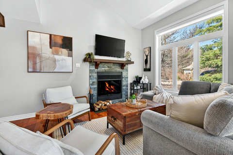 Sunny lounge with stone fireplace, rustic charm, and treetop views.