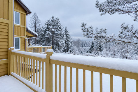 Snow-covered deck with peaceful forest views and cozy cabin charm