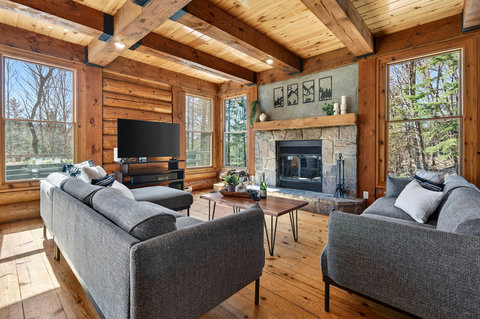 Sunlit log-cabin lounge with stone fireplace, beams & forest views