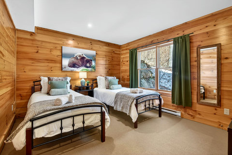 Cozy twin cabin room with wood walls, nature view, lamp and mirror.