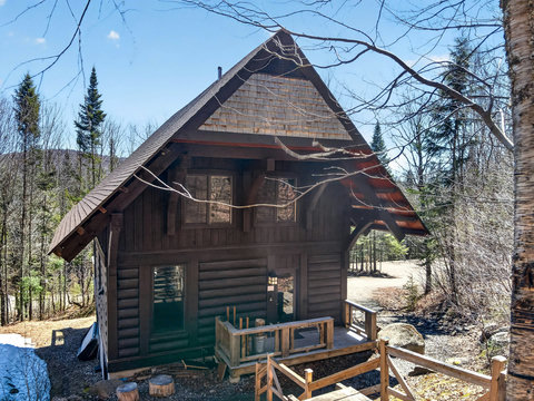 Rustic log cabin with deck, forest views, and secluded trail access