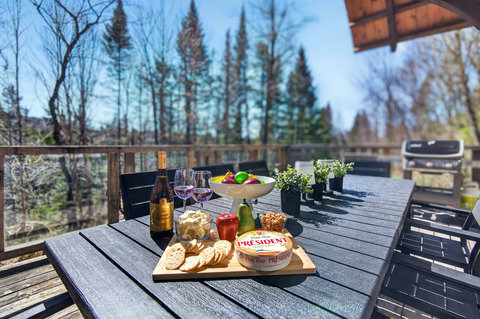 Sunny forest-view deck with BBQ, large table—perfect for alfresco dining.