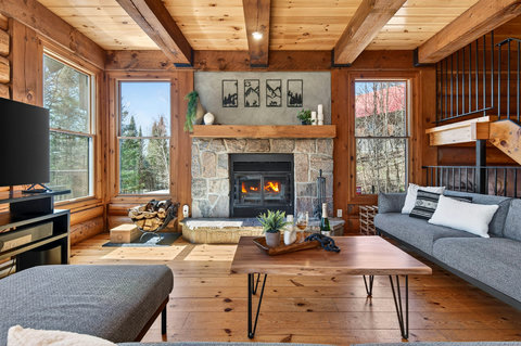 Sunny log cabin lounge with stone fireplace and forest-view windows.