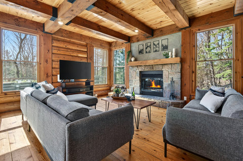Sunlit log cabin lounge with stone fireplace, beams and forest views
