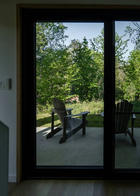 Relax in 6 classic Adirondack chairs, complete with side tables, while taking in the tranquility and privacy of your own forest view. Can you spot the deer?  Taken 05/2025