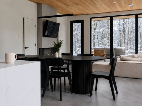 Modern dining space with fireplace and stunning snowy forest views
