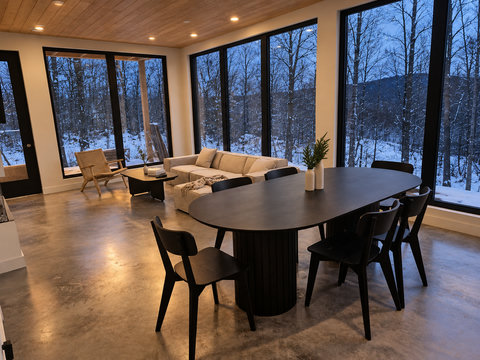 Modern dining and lounge space with stunning floor-to-ceiling forest views