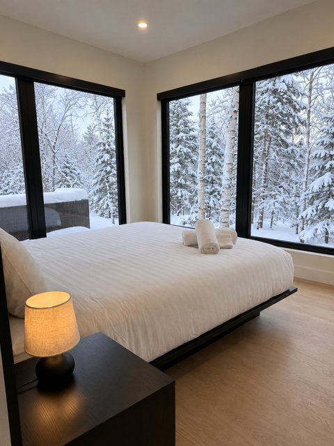 Cozy modern bedroom with floor-to-ceiling windows and snowy forest views