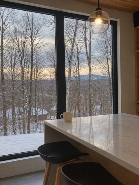 Modern breakfast bar with stunning snowy forest and mountain views