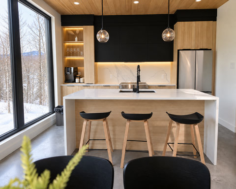 Stylish modern kitchen with waterfall island and serene forest views