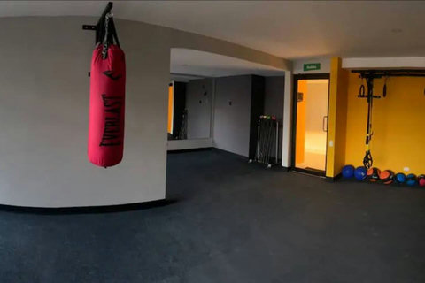 Full gym that includes dumbbells, boxing bad, pull-up bars, weighted balls and more