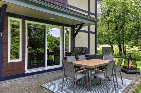 Private patio with dining for 6, grill, and fire feature in a wooded setting