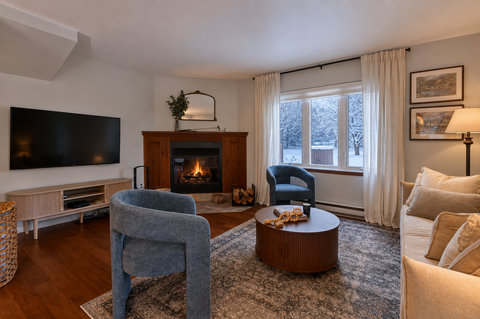 Cozy living room with fireplace, big TV, and serene snowy views