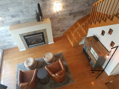 Small Living Room/Boudoir with Fireplace & Cathedral Ceiling (view from the 2nd floor)